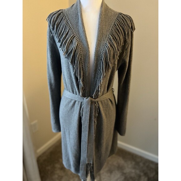 J.Jill Womens Gray Cotton Blend Fringe Trim Belted Long Sleeve Knit Cardigan S - Picture 1 of 11